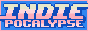 A web button with the word parts indie and pocalypse, one over another, in white-to-pink gradient color on blue background