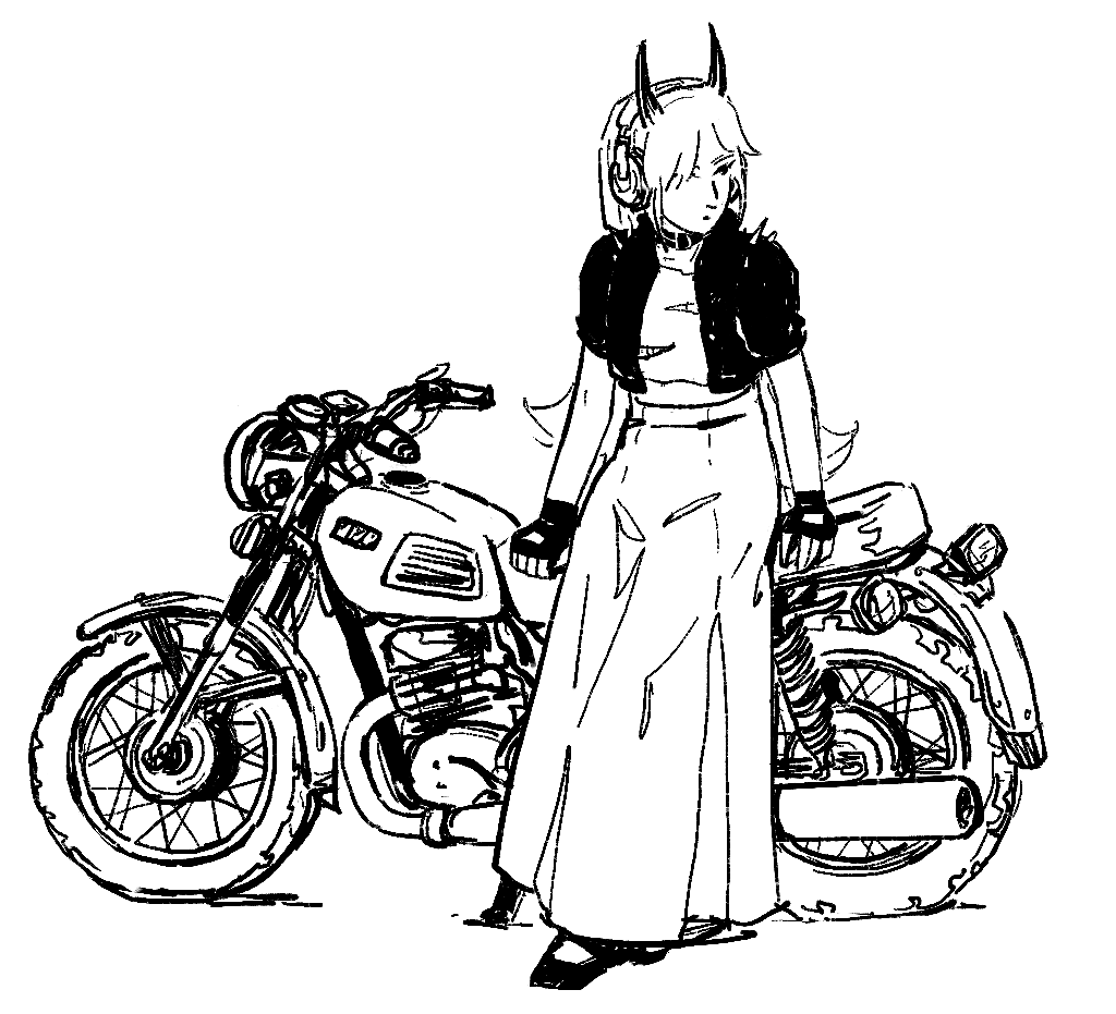 A sketch drawing of the game character Sedge leaning onto her motocycle and listening to music in her headphones..