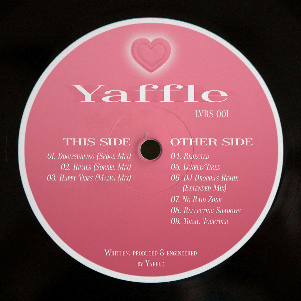An album cover for Tonight, Together OST featuring an edited photo of a pink vinyl record label with a heart on top and "YAFFLE" written under it, followed by two columns "THIS SIDE" and "OTHER SIDE" and a whole album tracklist in those columns. In the bottom of the label there are words "Written, produced & engineered by Yaffle"